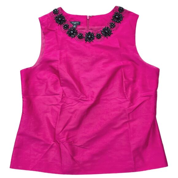 Pink Silk Blouse Talbots Size 12P Sleeveless Top Magenta Black Beaded Neckline - Picture 9 of 9